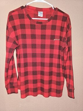 PINK Victoria's Secret Brand Red Buffalo Plaid Long Sleeve Women's Sweater